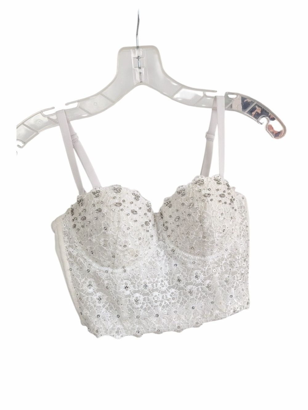White Lace Rhinestone Bustier Crop Top Corset Bra - 34B / XS